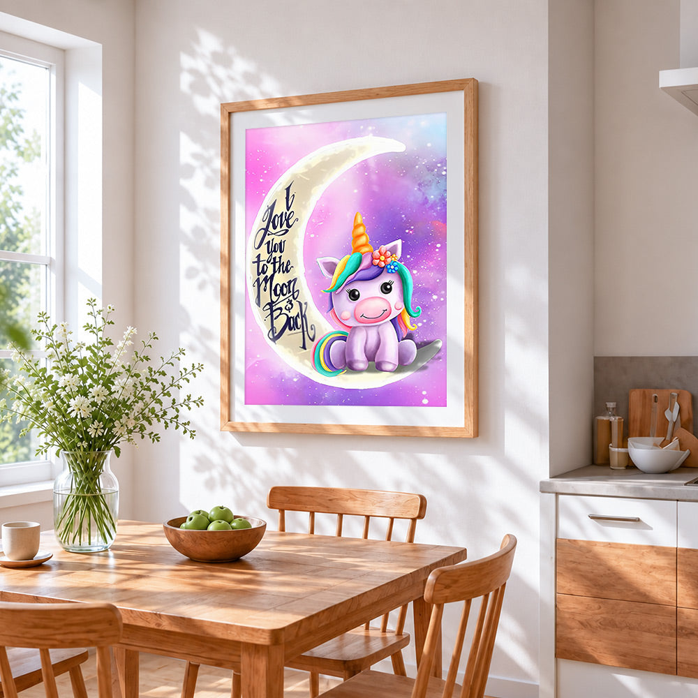 Cute unicorn on the moon paint by numbers artwork displayed on wall as home decor