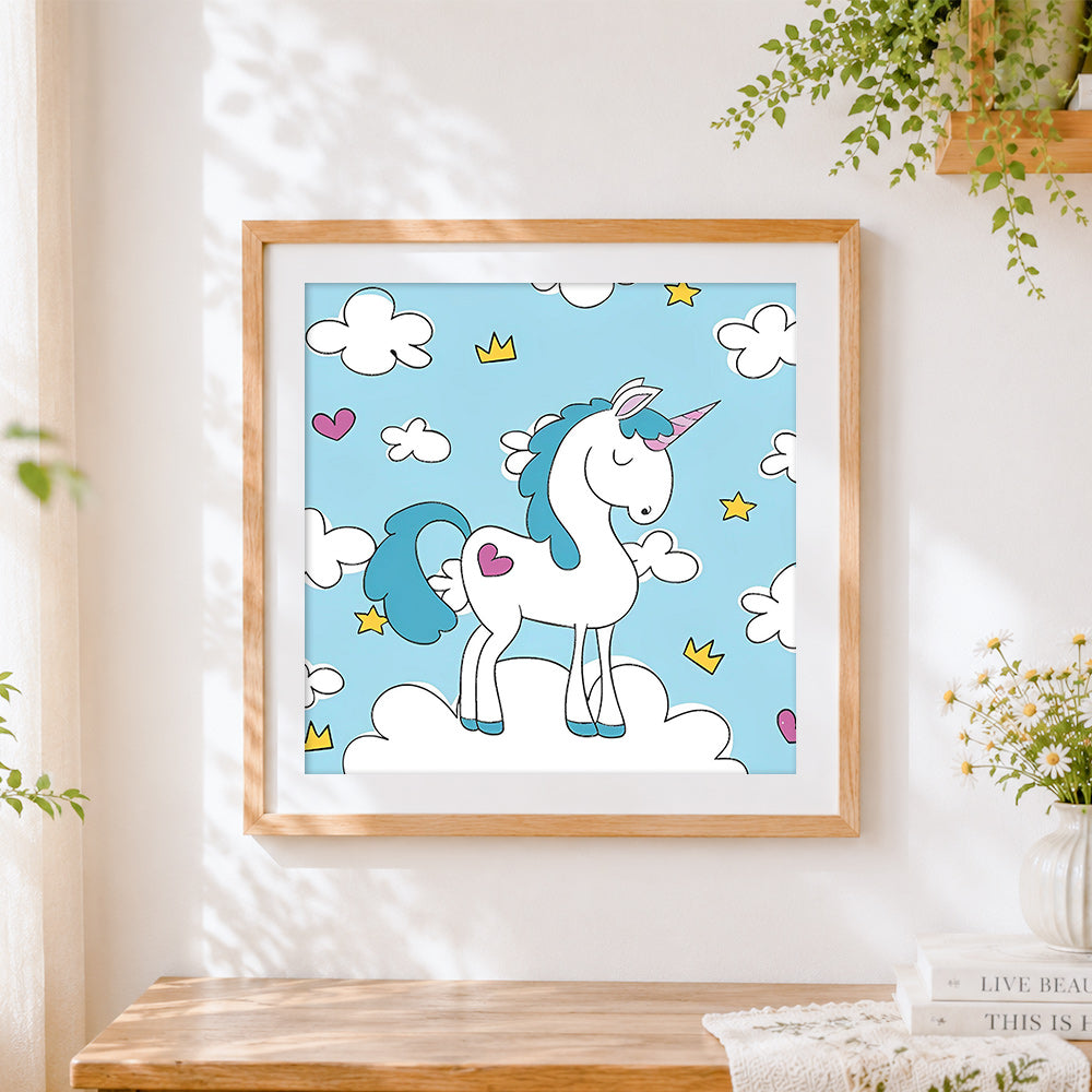 Finished cute unicorn with crown and hearts cross stitch artwork displayed