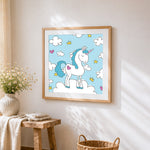 Cute unicorn with crown and hearts cross stitch artwork displayed on wall as home decor