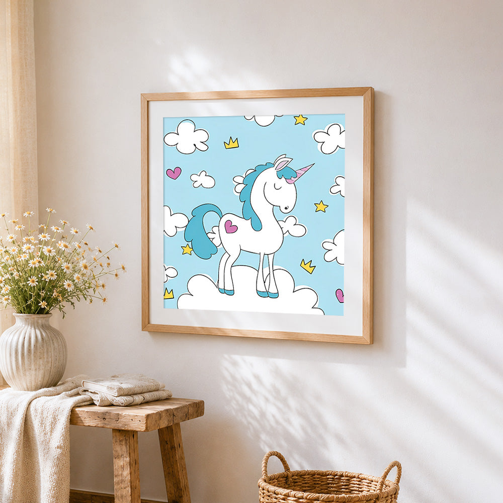 Cute unicorn with crown and hearts cross stitch artwork displayed on wall as home decor