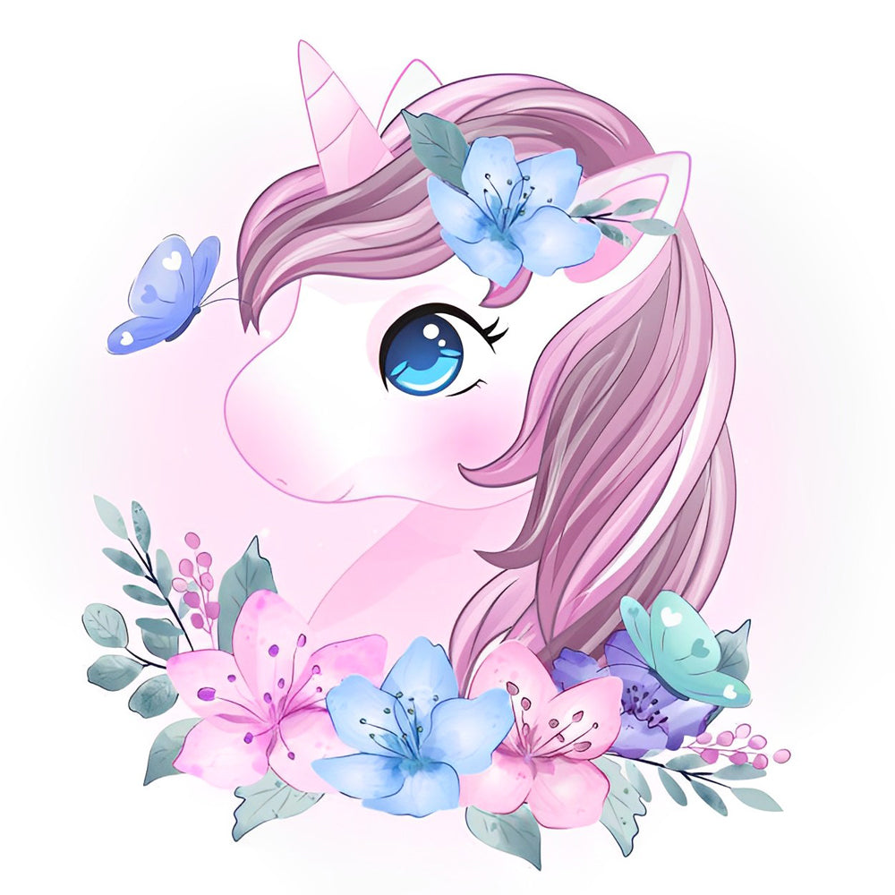 Cute unicorn with pink hair and flowers cross stitch kit for beginners