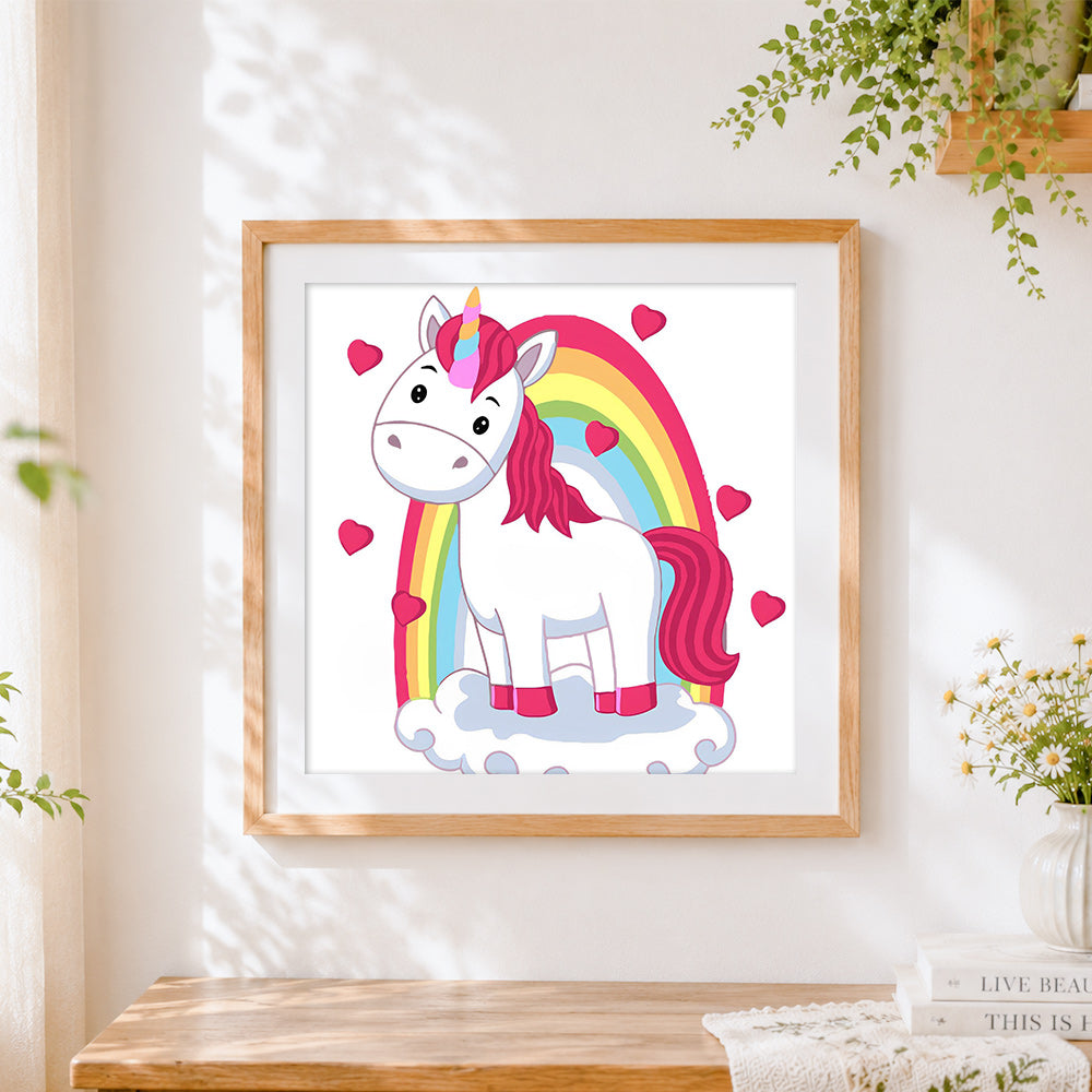 Finished cute unicorn with rainbow and hearts cross stitch artwork displayed