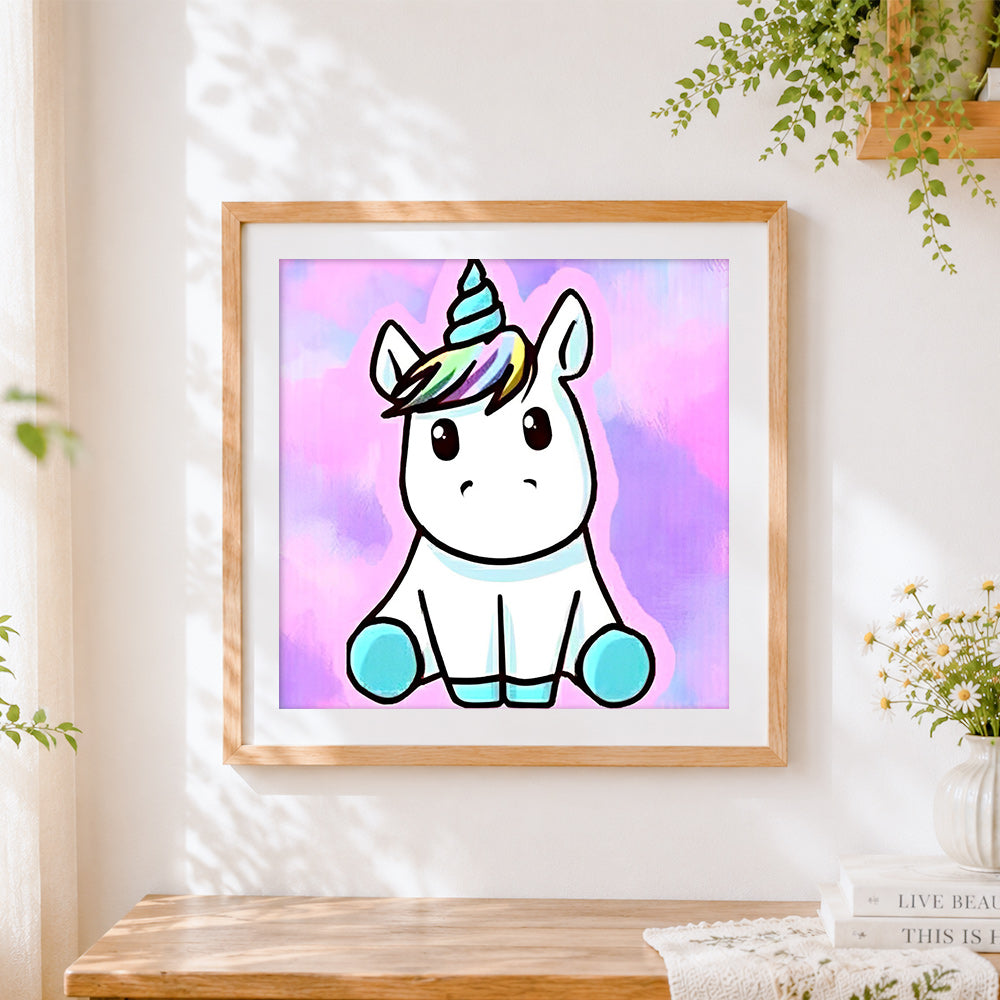 Finished cute unicorn with rainbow hair cross stitch artwork displayed