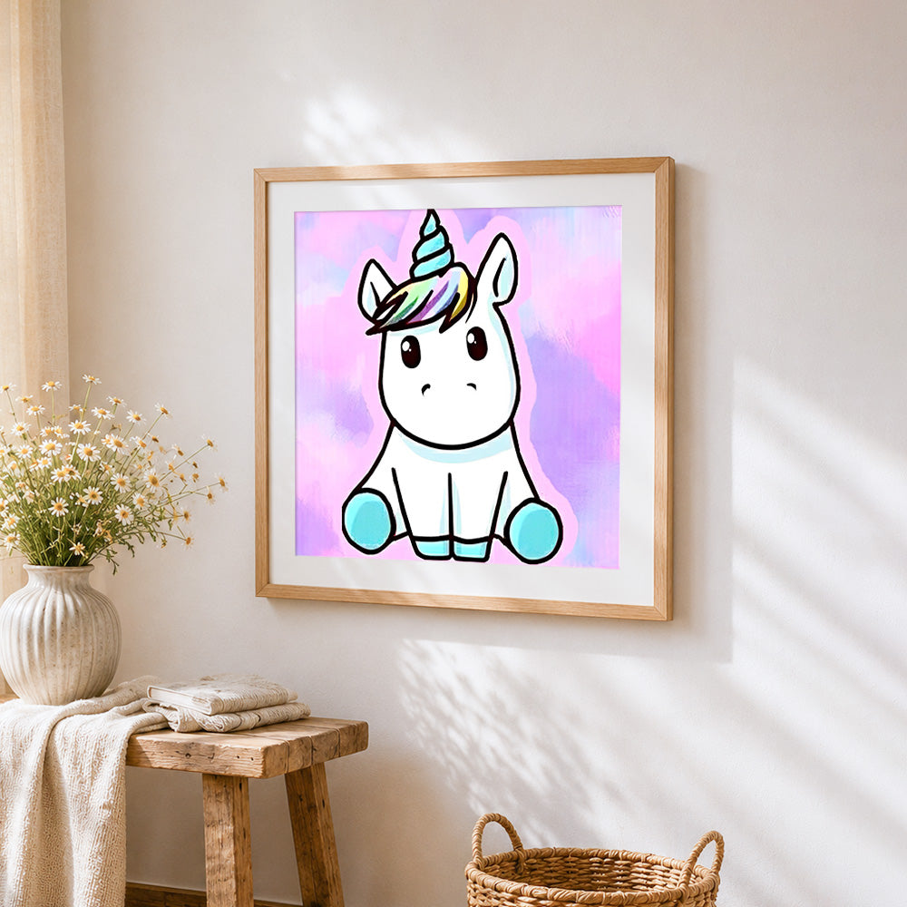 Cute unicorn with rainbow hair cross stitch artwork displayed on wall as home decor