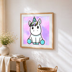 Cute unicorn with rainbow hair cross stitch artwork displayed on wall as home decor