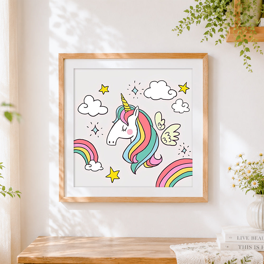 Finished cute unicorn with wings cross stitch artwork displayed