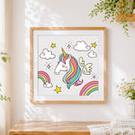 Finished cute unicorn with wings cross stitch artwork displayed