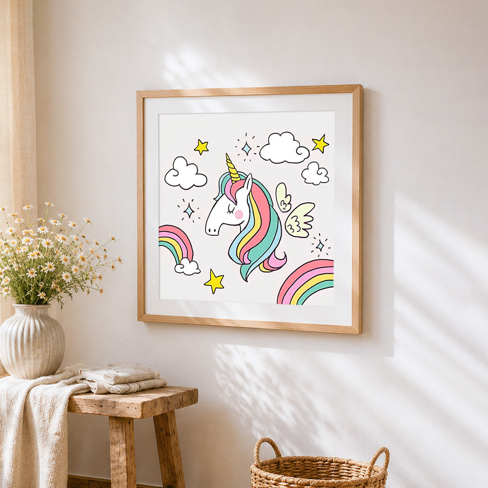 Cute unicorn with wings cross stitch artwork displayed on wall as home decor