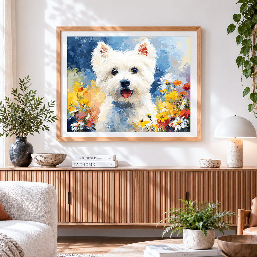 Finished cute west highland terrier in a floral meadow cross stitch artwork displayed