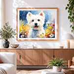 Finished cute west highland terrier in a floral meadow cross stitch artwork displayed