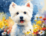 Cute west highland terrier in a floral meadow cross stitch kit for beginners
