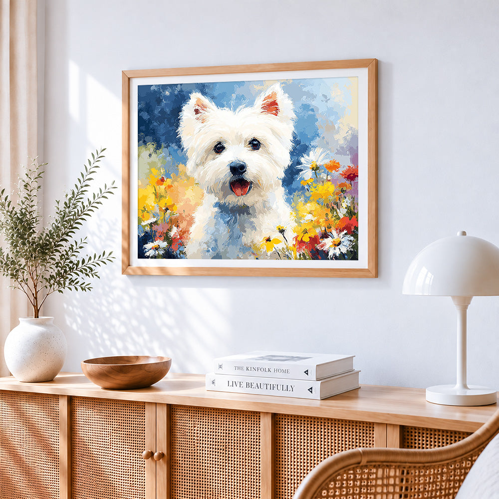 Cute west highland terrier in a floral meadow paint by numbers artwork displayed on wall as home decor