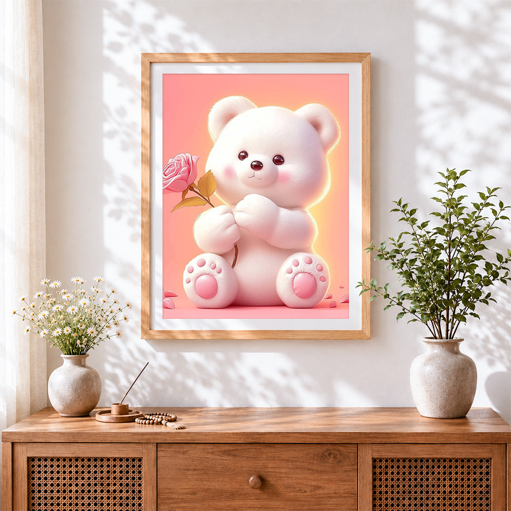 Finished cute white bear with a pink rose cross stitch artwork displayed