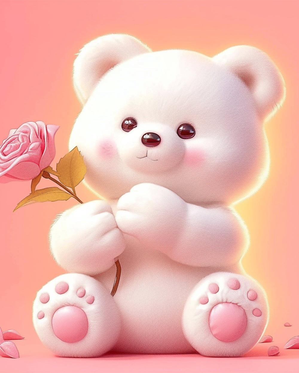 Cute white bear with a pink rose cross stitch kit for beginners