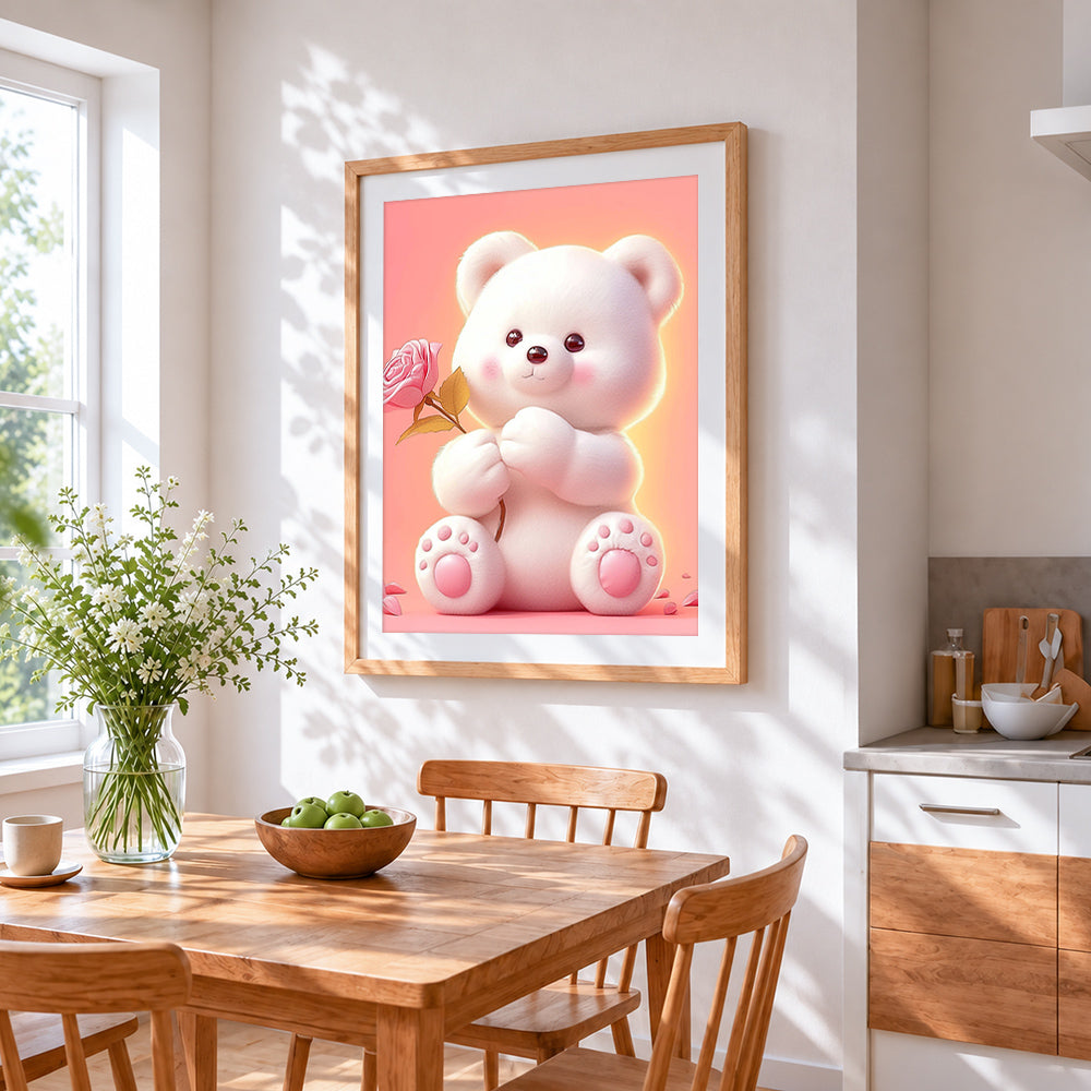 Cute white bear with a pink rose cross stitch artwork displayed on wall as home decor
