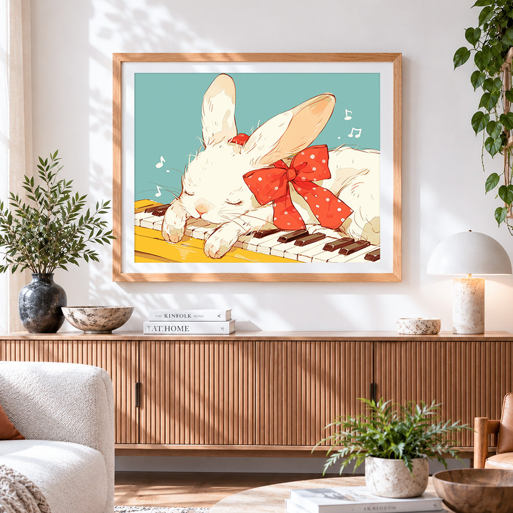 Finished cute white bunny sleeping on a piano cross stitch artwork displayed