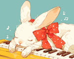 Cute white bunny sleeping on a piano cross stitch kit for beginners