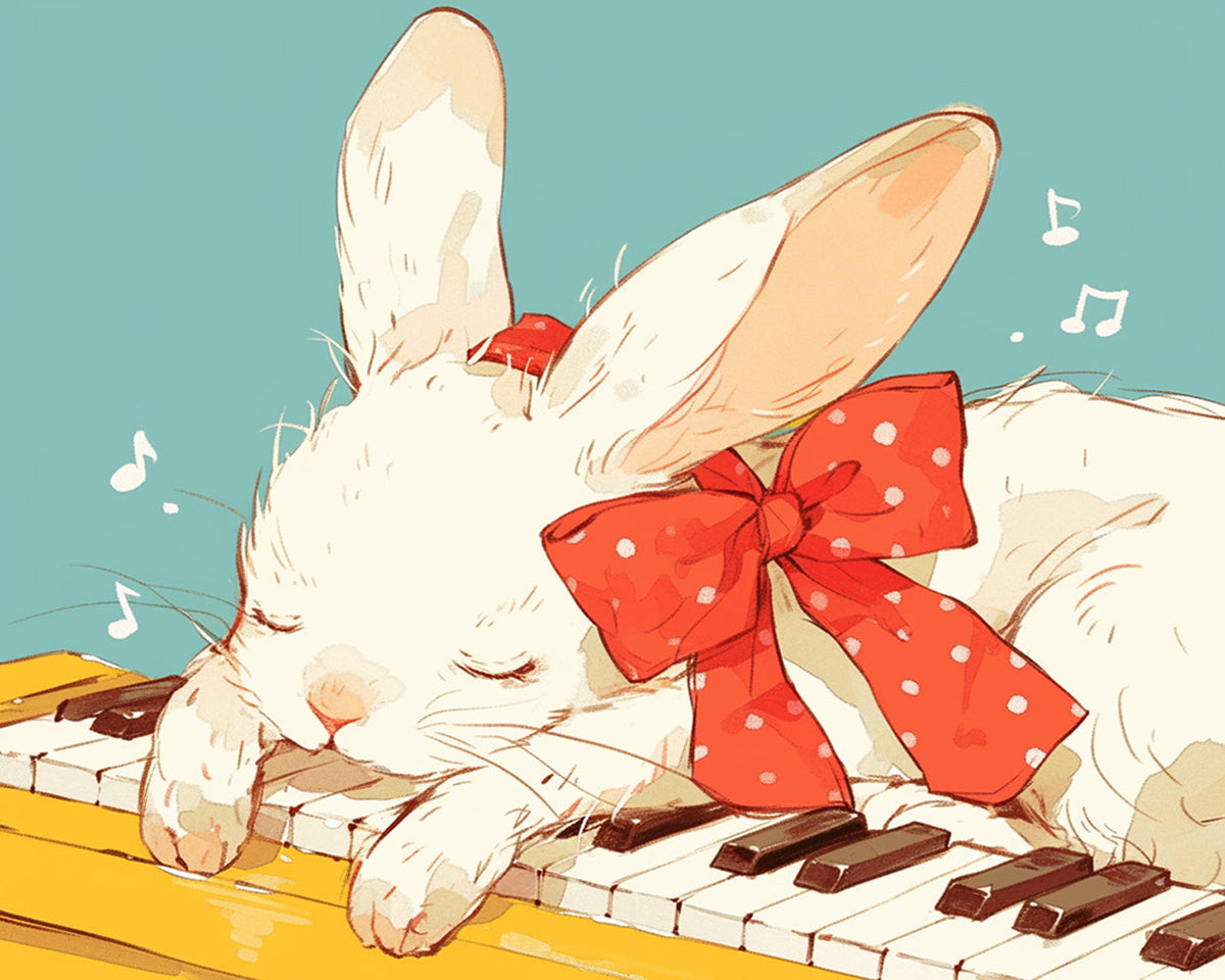 Cute white bunny sleeping on a piano cross stitch kit for beginners