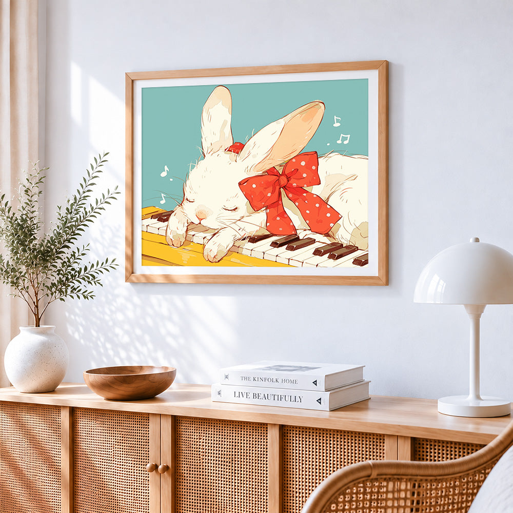 Cute white bunny sleeping on a piano cross stitch artwork displayed on wall as home decor