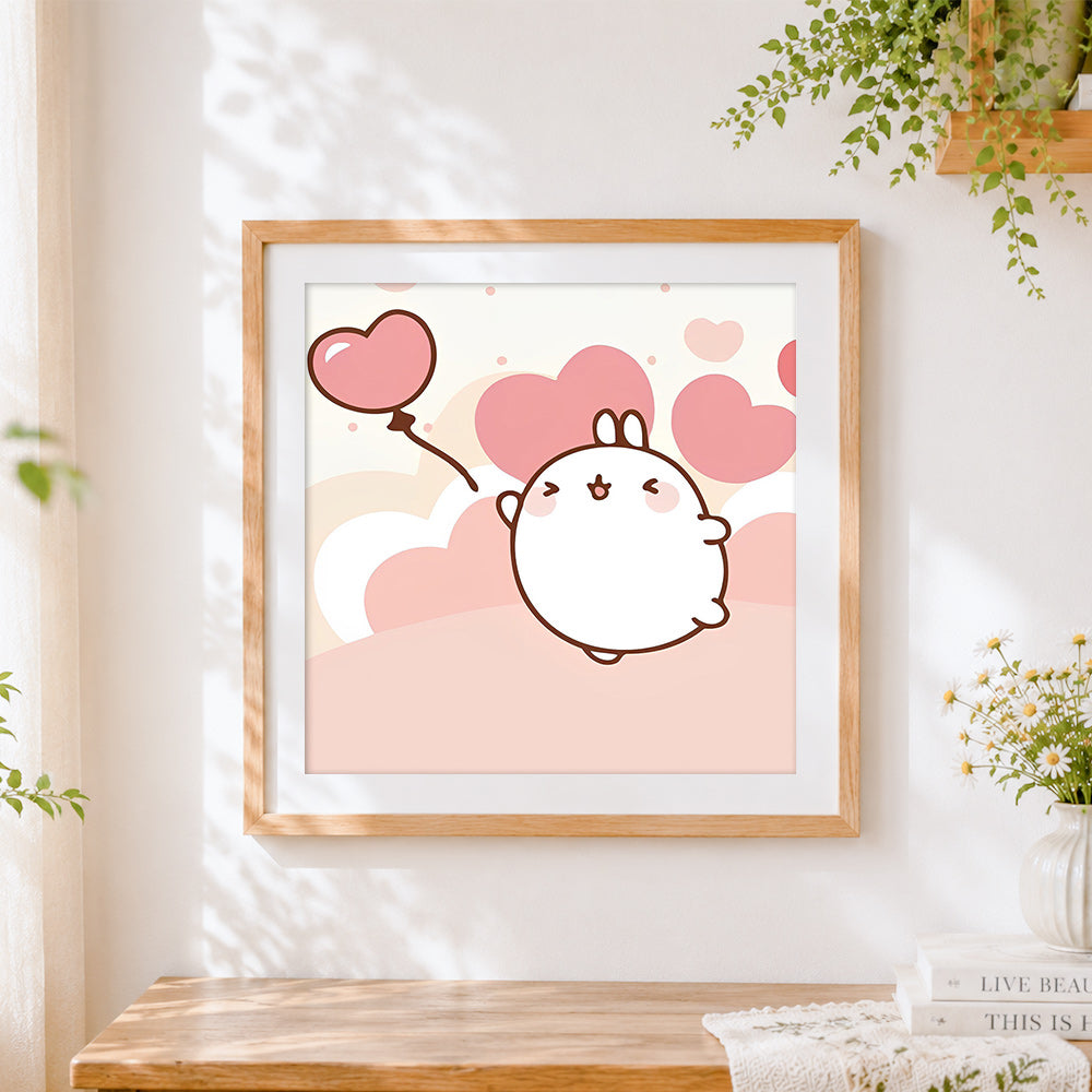Finished cute white bunny with heart balloon cross stitch artwork displayed
