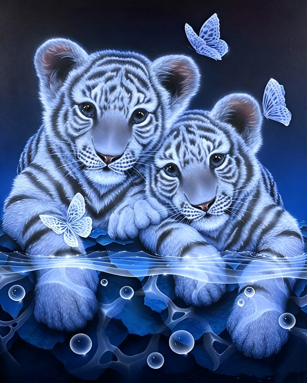 Cute white tiger cubs and butterflies cross stitch kit for beginners