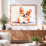 Finished cute winking corgi cross stitch artwork displayed