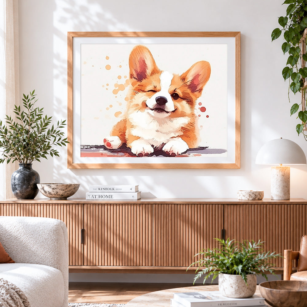 Finished cute winking corgi cross stitch artwork displayed