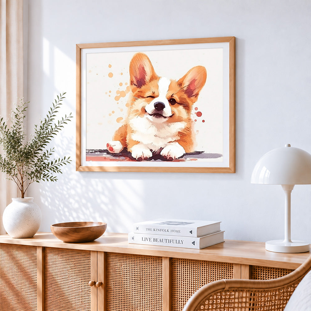 Cute winking corgi cross stitch artwork displayed on wall as home decor