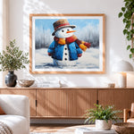 Finished cute winter snowman cross stitch artwork displayed
