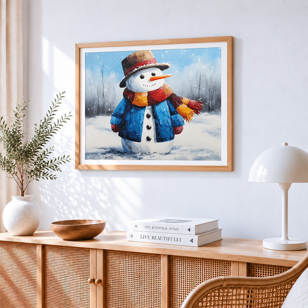 Cute winter snowman cross stitch artwork displayed on wall as home decor