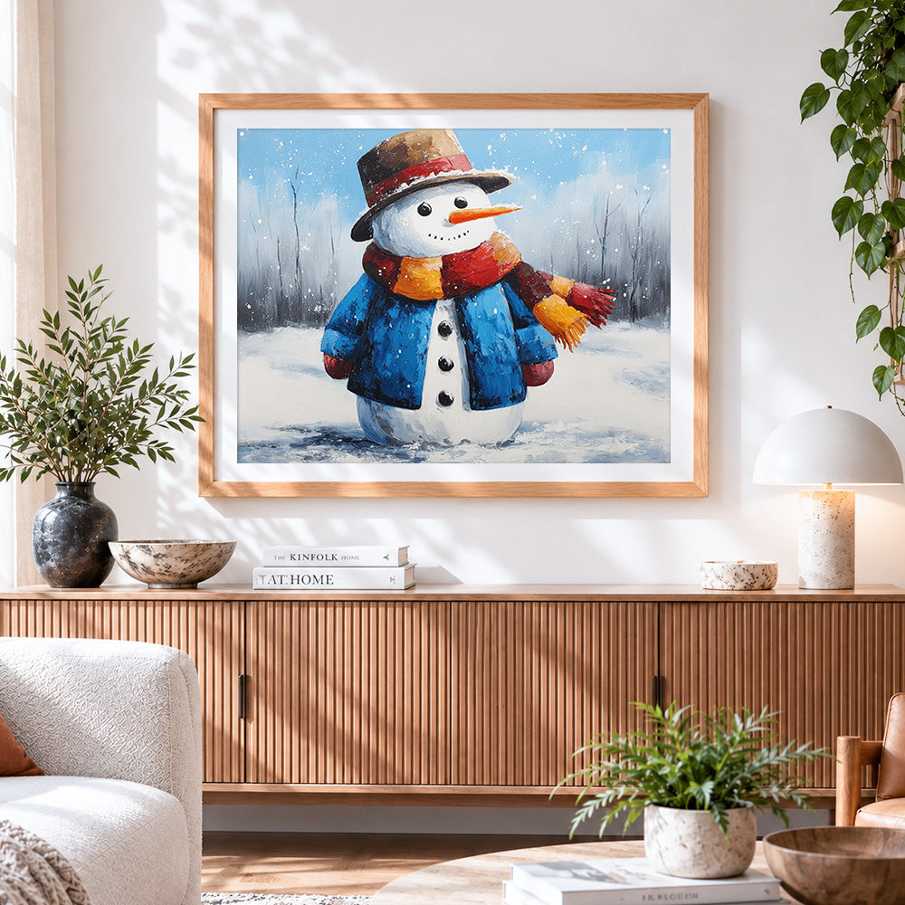 Finished cute winter snowman paint by numbers artwork displayed as home decor