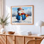 Cute winter snowman paint by numbers artwork displayed on wall as home decor