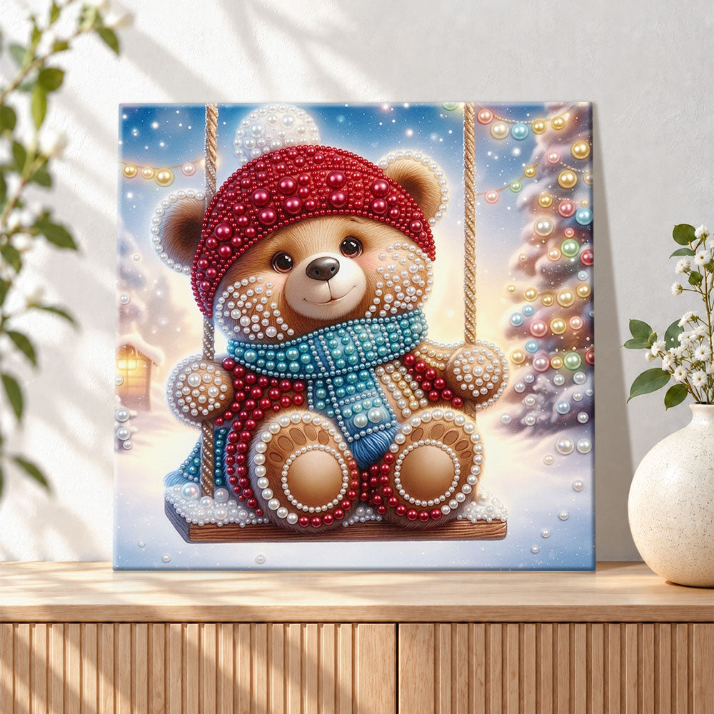 Finished cute winter teddy bear on swing pearl diamond painting artwork displayed as holiday home decor