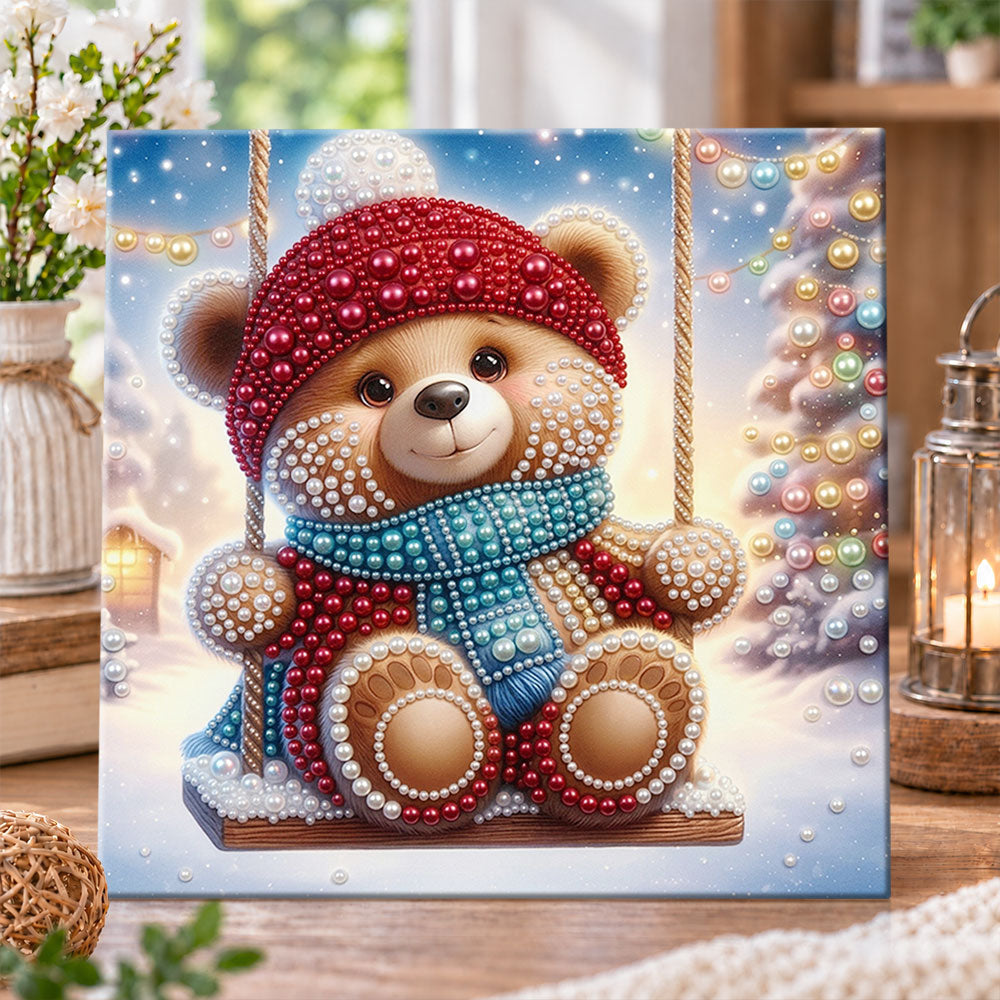 Cute winter teddy bear on swing pearl diamond painting kit for beginners