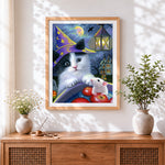 Finished cute witch cat with mouse cross stitch artwork displayed
