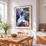 Cute witch cat with mouse cross stitch artwork displayed on wall as home decor