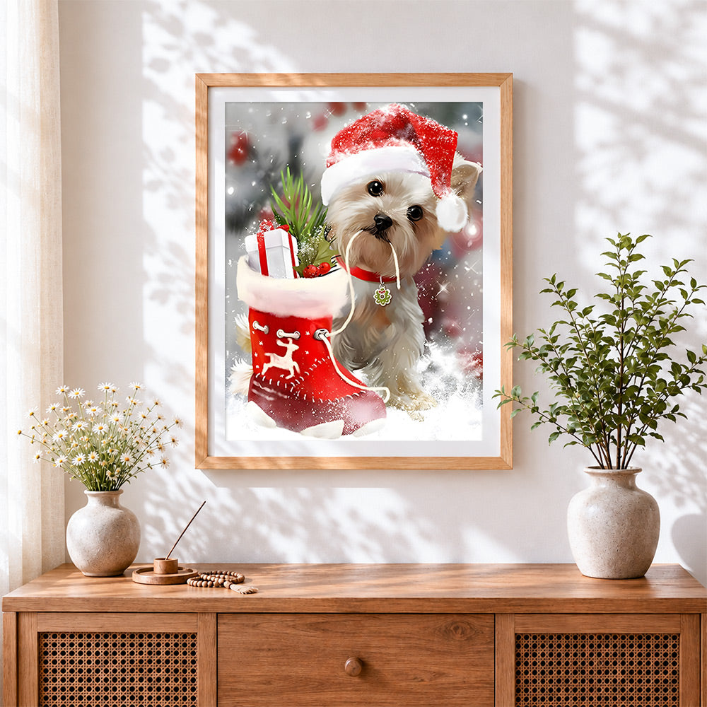 Finished cute yorkie with santa hat and stocking cross stitch artwork displayed