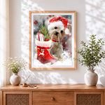 Finished cute yorkie with santa hat and stocking cross stitch artwork displayed