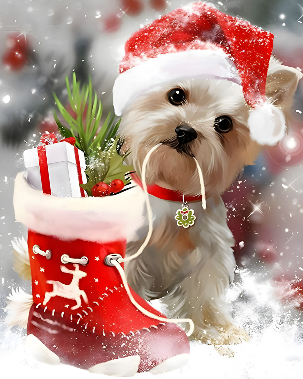 Cute yorkie with santa hat and stocking cross stitch kit for beginners