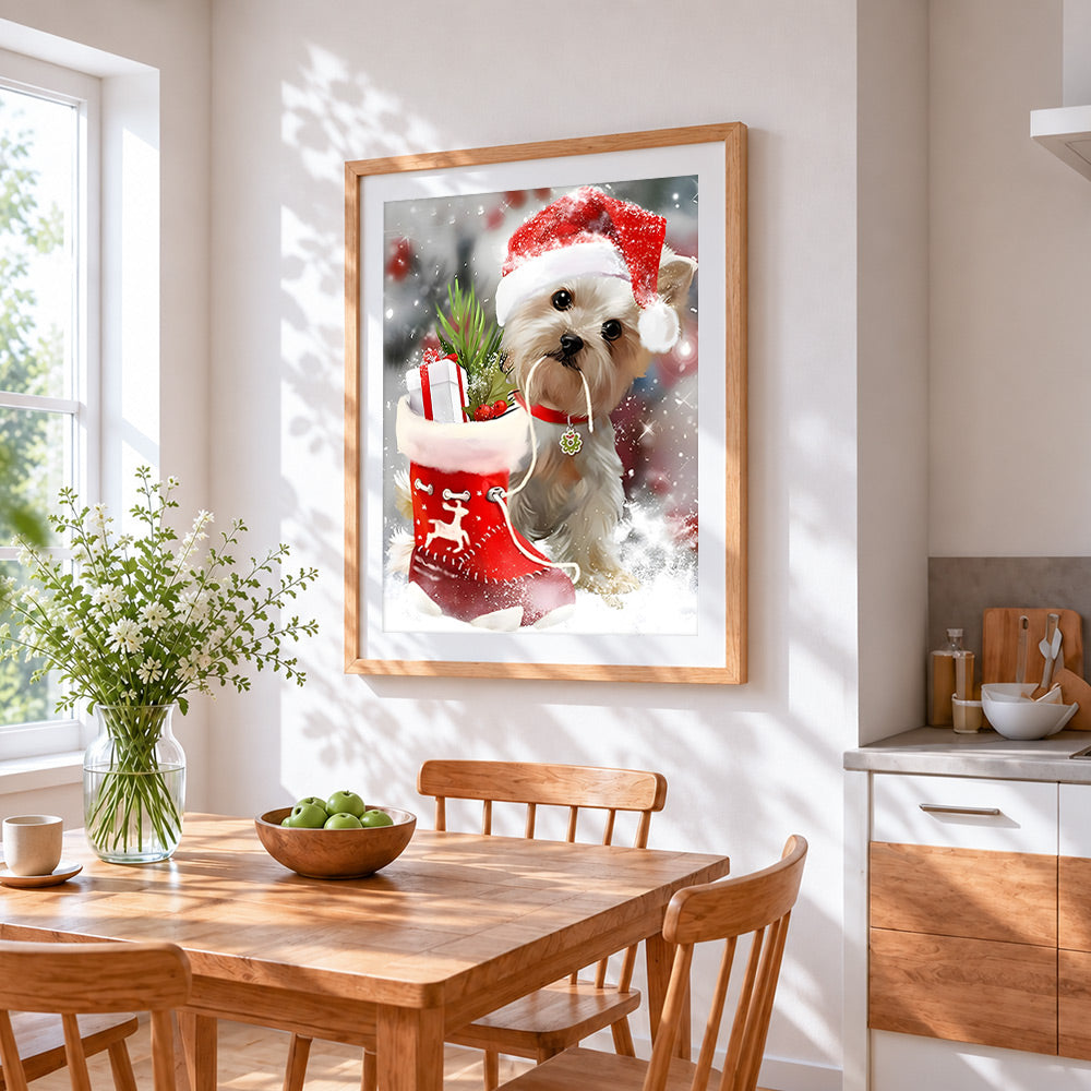 Cute yorkie with santa hat and stocking cross stitch artwork displayed on wall as home decor