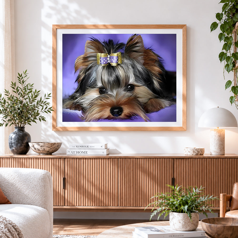 Finished cute yorkshire terrier with bow cross stitch artwork displayed