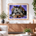 Finished cute yorkshire terrier with bow cross stitch artwork displayed