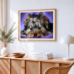 Cute yorkshire terrier with bow cross stitch artwork displayed on wall as home decor