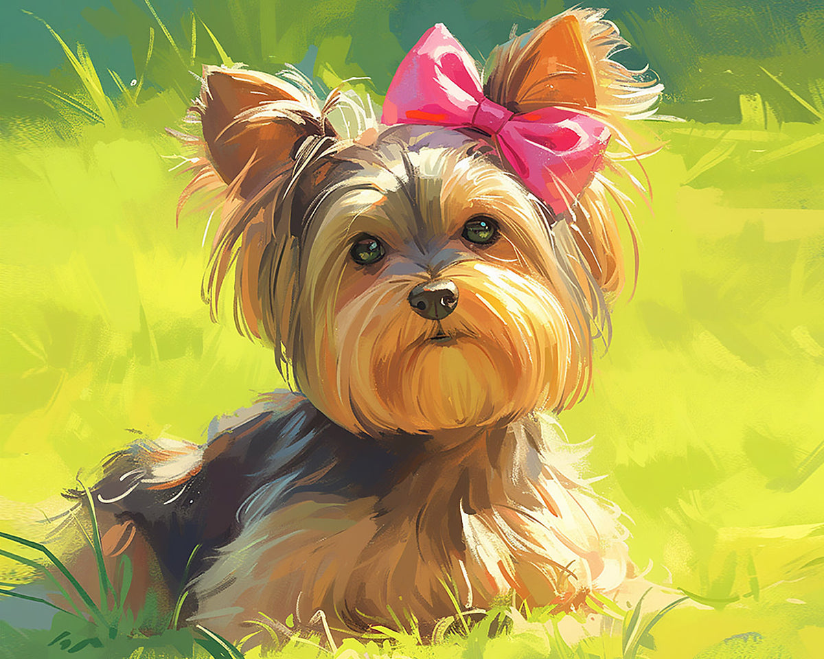 Cute yorkshire terrier with pink bow cross stitch kit for beginners