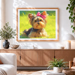 Finished cute yorkshire terrier with pink bow paint by numbers artwork displayed as home decor