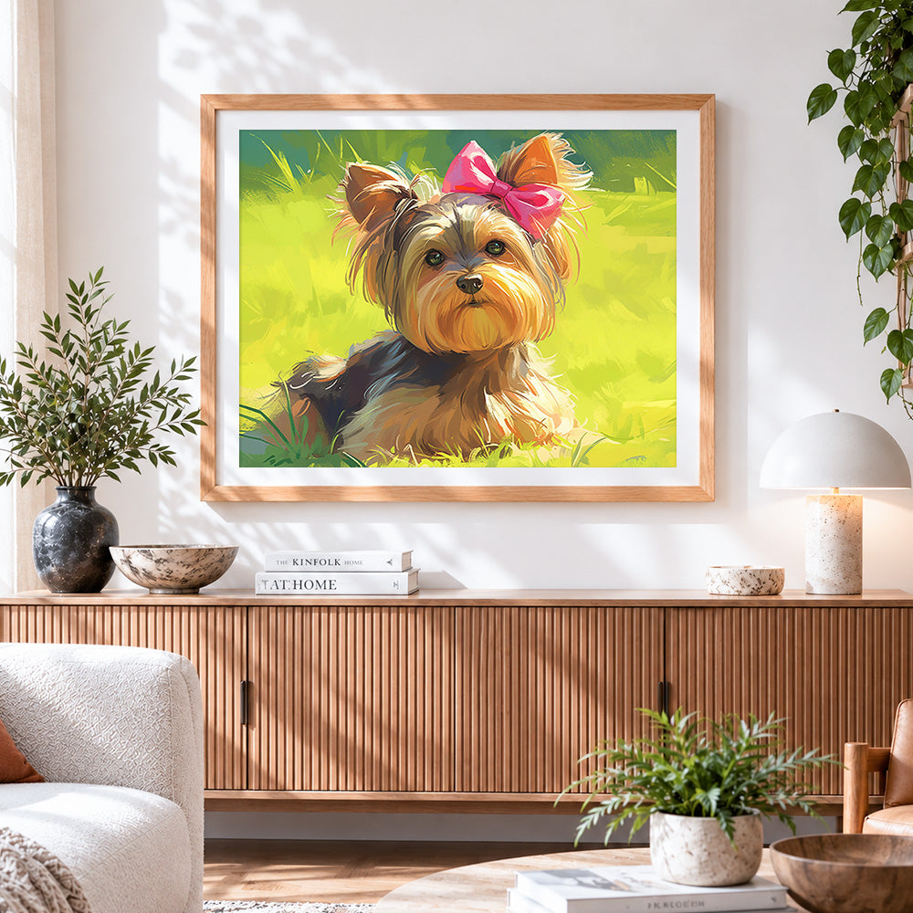 Finished cute yorkshire terrier with pink bow paint by numbers artwork displayed as home decor