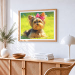 Cute yorkshire terrier with pink bow paint by numbers artwork displayed on wall as home decor