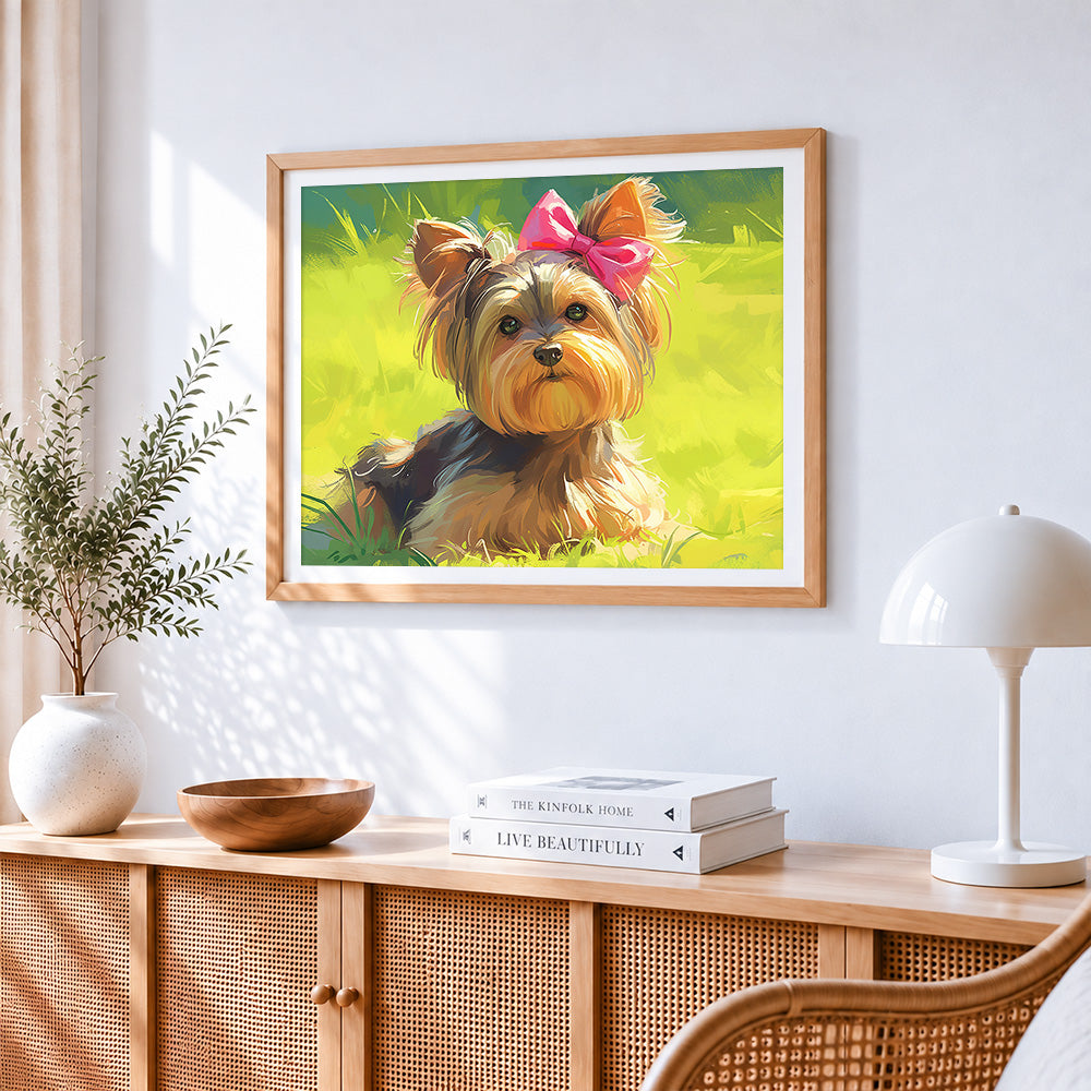 Cute yorkshire terrier with pink bow paint by numbers artwork displayed on wall as home decor