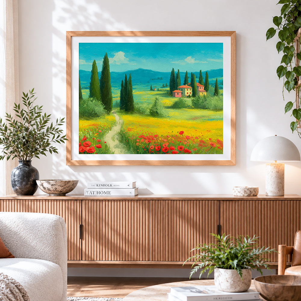 Finished cypress trees and poppy fields cross stitch artwork displayed