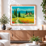 Finished cypress trees and poppy fields cross stitch artwork displayed